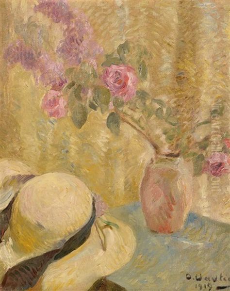 Bouquet De Fleurs Et Chapeau Oil Painting by Otto Vautier