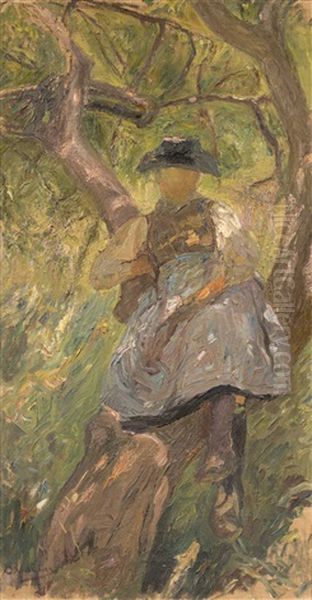 Fillette Sur Un Arbre A Saviese, Valais Oil Painting by Otto Vautier