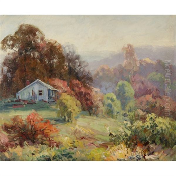 Brown County Autumn Vista With Cabin Oil Painting by Will Vawter