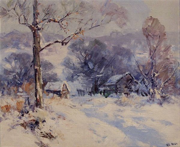 Cabins In Winter Landscape Oil Painting by Will Vawter