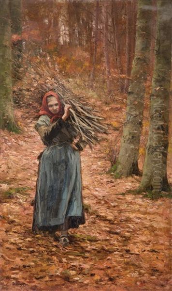 Campesina Recogiendo Lena En El Bosque Oil Painting by Joaquin Vayreda y Vila