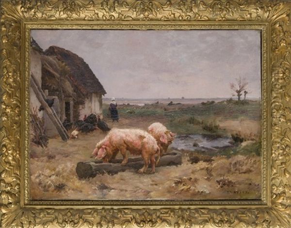 Cochons Et Dindons Devant La Chaumiere Oil Painting by Paul Vayson