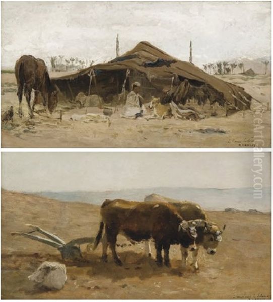 Scene De Labour, Afrique Du Nord (+ Campement Oriental, Lrgr; 2 Works) Oil Painting by Paul Vayson