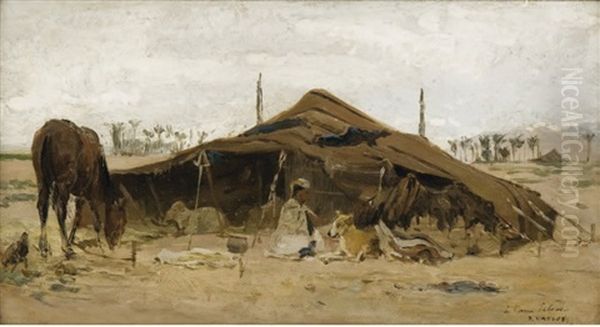 Scene De Labour, Afrique Du Nord (+ Campement Oriental; 2 Works) Oil Painting by Paul Vayson