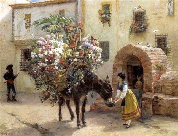 La Marchande De Fleurs A Seville Oil Painting by Paul Vayson