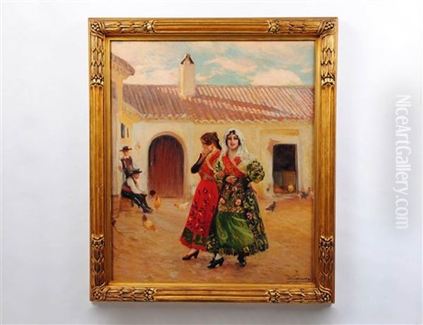 Courtyard With Two Ladies Oil Painting by Carlos Vazquez Ubeda