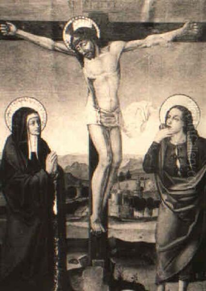 Christ On The Cross With The Virgin And St. John The Evangelist Oil Painting by Antonio Vazquez