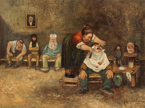 At The Barber Shop Oil Painting by Jean Veber