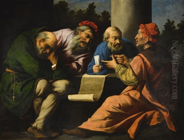 A Dispute Among The Doctors, Possibly The Four Fathers Of The Church Oil Painting by Pietro della Vecchia