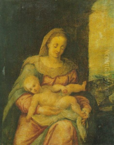 Madonna Con Bambino, Con Paesaggio Sullo Sfondo Oil Painting by Francesco Vecellio