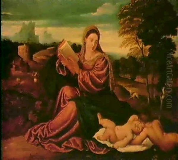 The Madonna And Child With The Infant Saint John The Baptistin A Landscape Oil Painting by Orazio Vecellio