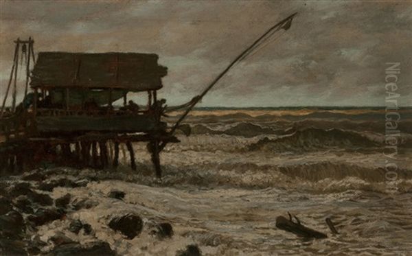 Fishing Hut Off Pierhead, Viareggio, Italy Oil Painting by Elihu Vedder