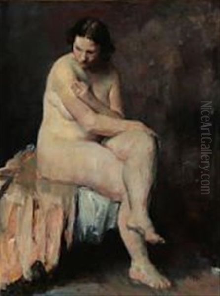 Female Nude Seated On A Bed Oil Painting by Herman Albert Gude Vedel