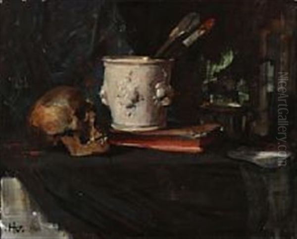 Still Life With Paint Brushes And A Skull Oil Painting by Herman Albert Gude Vedel