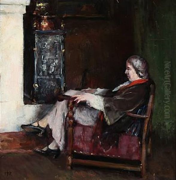 Interior With An Elderly Woman Oil Painting by Herman Albert Gude Vedel