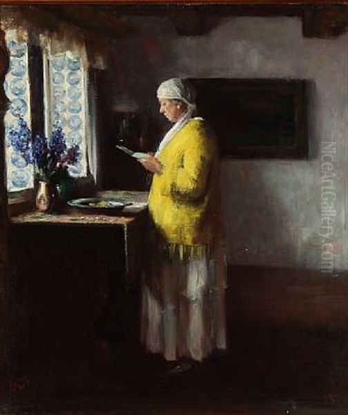 Interior With A Standing Woman Dressed In A Yellow Shirt And Blue Tiles In The Window, Presumably From The Frisian Islands Oil Painting by Herman Albert Gude Vedel