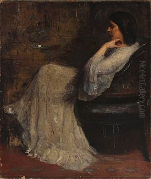 The Wife Of The Artist In A White Dress Oil Painting by Herman Albert Gude Vedel