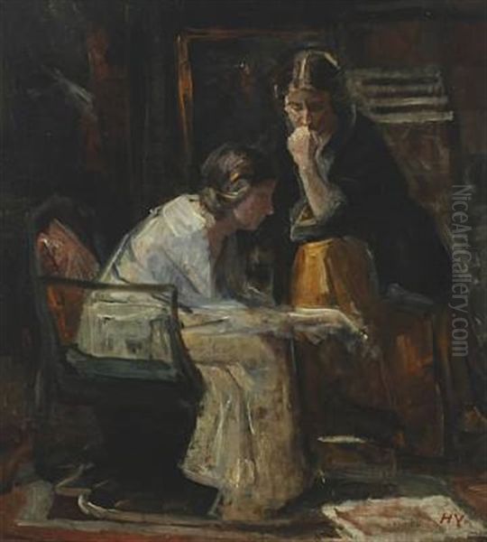 Interior With Two Women In Conversation Oil Painting by Herman Albert Gude Vedel