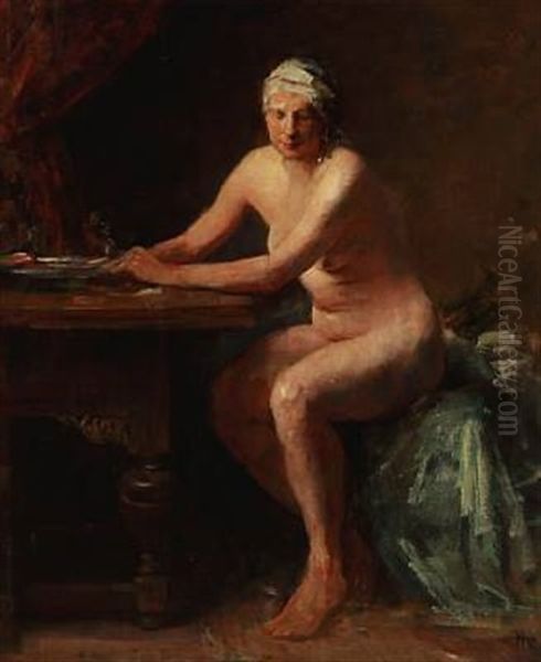 A Female Nude At A Table Oil Painting by Herman Albert Gude Vedel