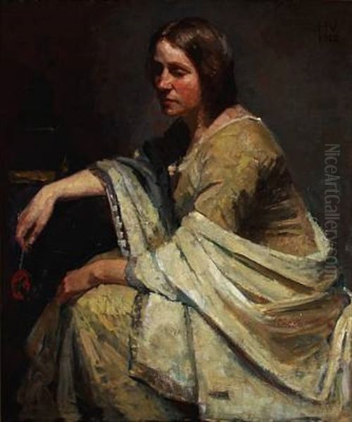 A Woman In Olive Green Dress With A Light Shawl Oil Painting by Herman Albert Gude Vedel