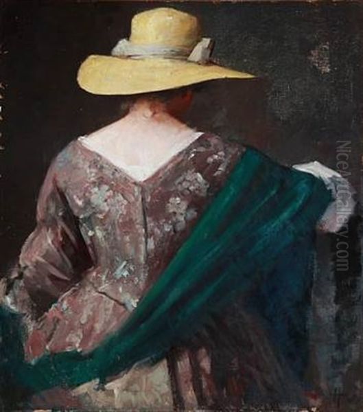 Back-turned Lady With A Yellow Summer Hat, Flowered Dress And Green Shawl Oil Painting by Herman Albert Gude Vedel