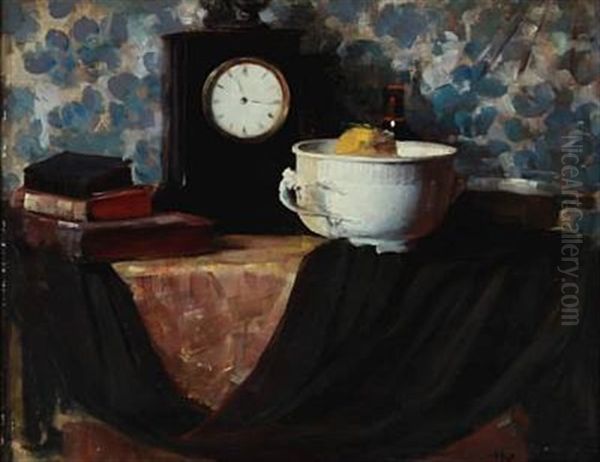 Still Life With Book, Fruit Bowl And Clock On A Table Oil Painting by Herman Albert Gude Vedel