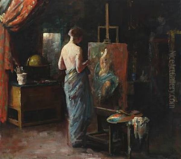 Interior From The Artist's Studio With A Female Nude Model (+ Naked Woman On A Sofa, Verso) Oil Painting by Herman Albert Gude Vedel