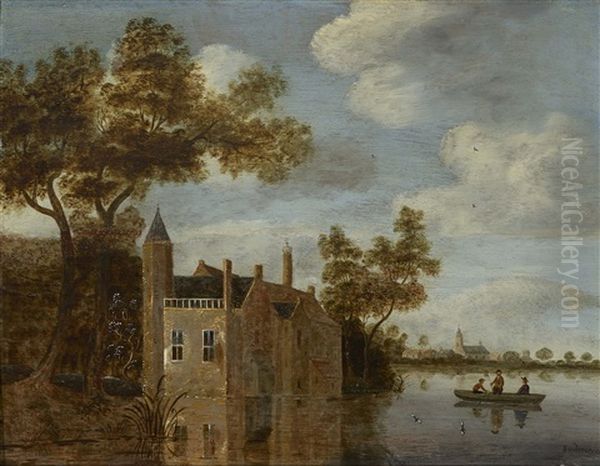 Flusslandschaft, Links Ein Gebaude Am Ufer, Im Hintergrund Ausblick Auf Ein Dorf Oil Painting by Balthasar Van Der Veen