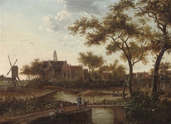 A River Landscape With Travellers On A Track Oil Painting by Balthasar Van Der Veen