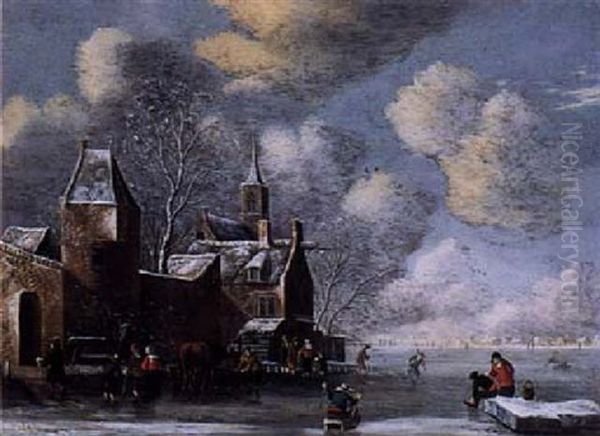 A Winter Landscape With Figures Near City Walls, A Church Tower Beyond Oil Painting by Balthasar Van Der Veen