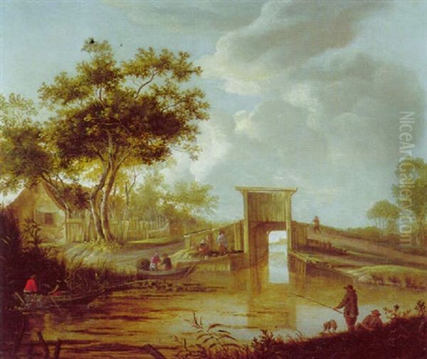 Hollandische, Brauntonige Landschaft Mit Brucke, Bauernhaus Und Fischern Oil Painting by Balthasar Van Der Veen