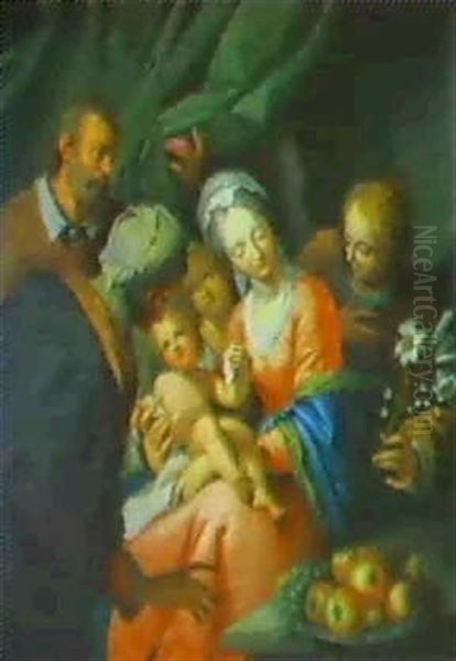 Die Hl. Familie Mit Mutter Anna Und Einem Engel Sowie Einem Stilleben Von Apfeln Und Weintrauben Oil Painting by Pieter (Peeter van) Veen