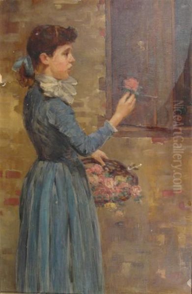 Woman With Basket Of Flowers Oil Painting by Hugo Breul