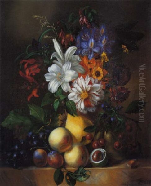 Stilleben Mit Spatsommerlichem Blumenbouquet Und Fruchten Oil Painting by Anna Maria Van Veeren