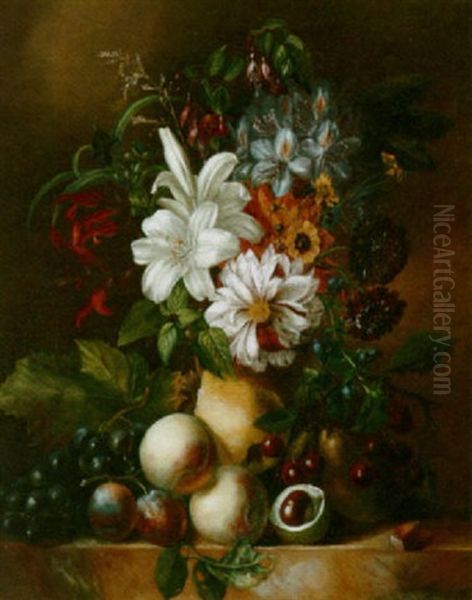 A Still Life Of Flowers And Fruit Oil Painting by Anna Maria Van Veeren