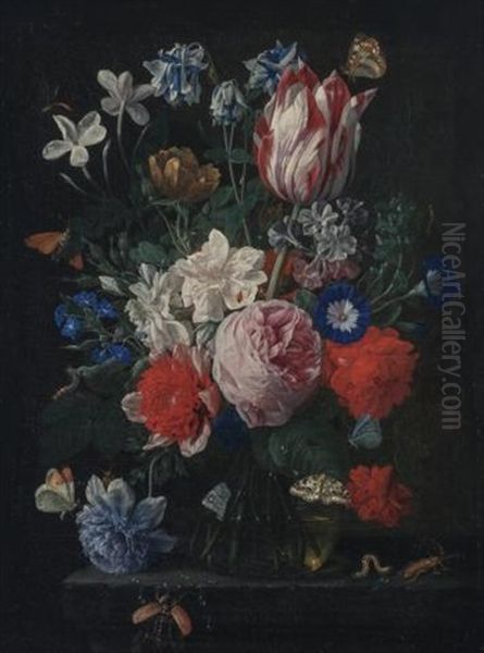 Still Life Of Roses, Peony, Semper Augustus Tulip, Morning Glories And Other Flowers On A Ledge Oil Painting by Nicolaes van Veerendael