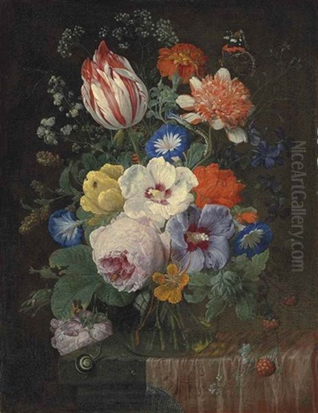 Peonies, Carnations, Morning Glory, A Semper Augustus Tulip And Other Flowers In A Glass Vase, With A Snail, A Butterfly, A Dragonfly And Other Insects On A Partially-draped Ledge Oil Painting by Nicolaes van Veerendael