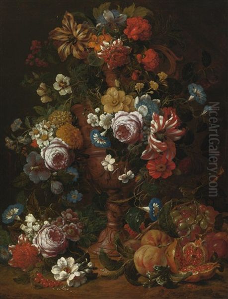 Still Life Of Roses, Carnations And Other Flowers In A Sculpted Urn With Fruit And Other Flowers Below Oil Painting by Nicolaes van Veerendael