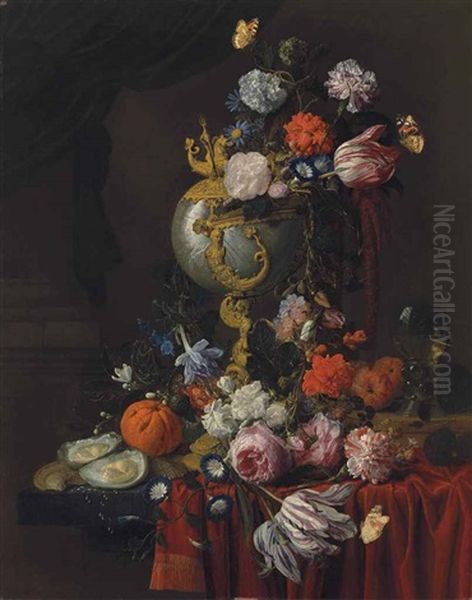 Roses, Carnations, A Parrot Tulip, Morning Glory And Two Red Admirals In A Nautilus Cup, With Roses, Morning Glory And Other Flowers, An Orange... by Nicolaes van Veerendael