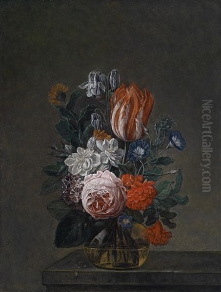 Ein Blumenbouquet In Einer Glasvase Oil Painting by Nicolaes van Veerendael