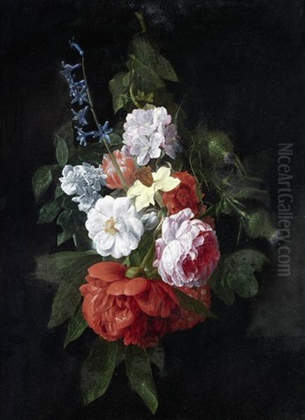 A Bouquet Of Roses, Thistles, Narcissi And Other Flowers Oil Painting by Nicolaes van Veerendael