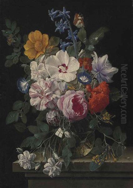 Flowers In A Glass Vase With A Butterfly And Beetle On A Stone Ledge Oil Painting by Nicolaes van Veerendael