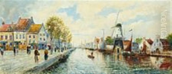 People Strolling In A Dutch Port City Oil Painting by Peter Veerkamp