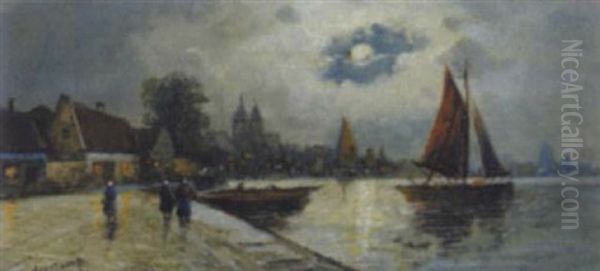 Niderlandischer Hafen Im Mondschein Oil Painting by Peter Veerkamp