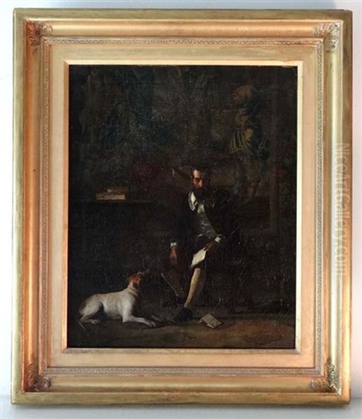 Gentleman In A Furnished Interior With Tapestry And Armour By The Walls And Dog At His Feet Oil Painting by Pedro Vega Y Munoz