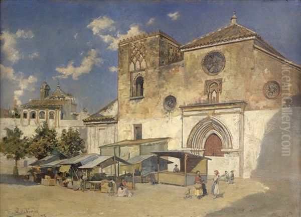 Mercado A La Puerta De Omnium Sanctorum Oil Painting by Pedro Vega Y Munoz