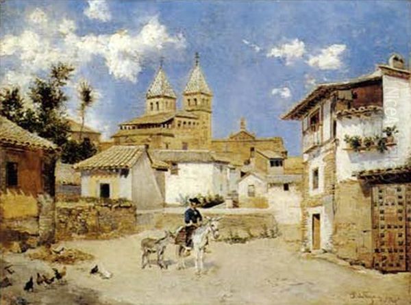 A Spanish Courtyard Oil Painting by Pedro Vega Y Munoz