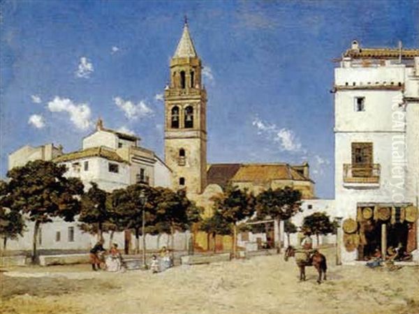 A Spanish Square Oil Painting by Pedro Vega Y Munoz