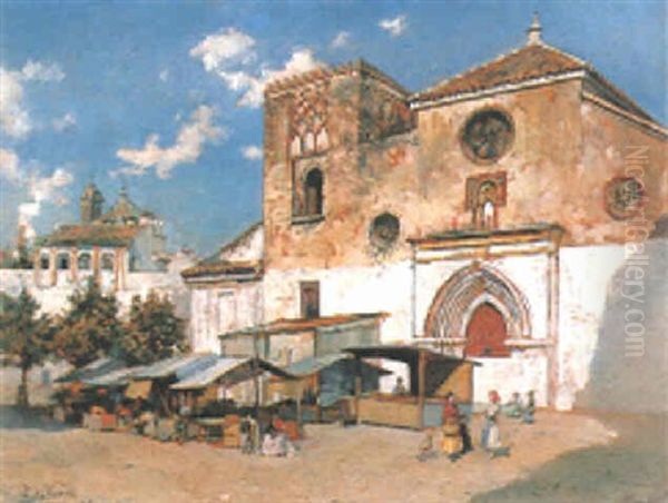 Figures In A Market Before A Church Oil Painting by Pedro Vega Y Munoz