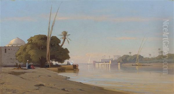 Mosque On The Banks Of The Nile Oil Painting by Auguste Louis Veillon